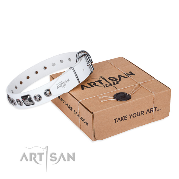 Full grain natural leather dog collar made of reliable material with rust-proof traditional buckle