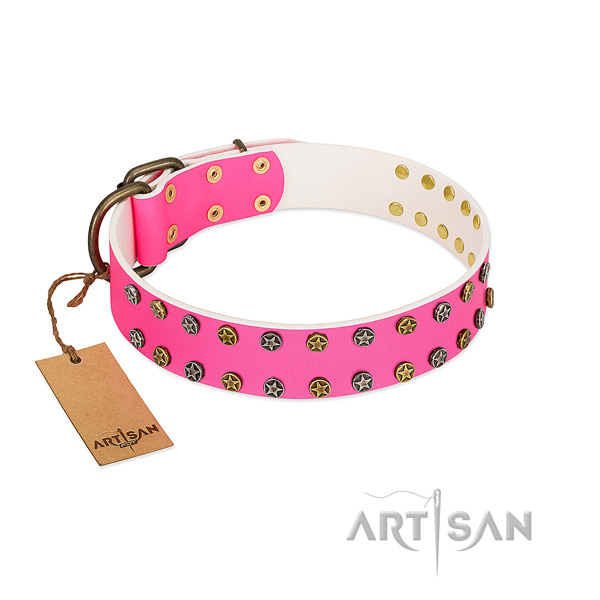 Quality full grain genuine leather collar with adornments for your doggie