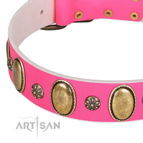 Gentle to touch full grain natural leather dog collar with rust-proof hardware