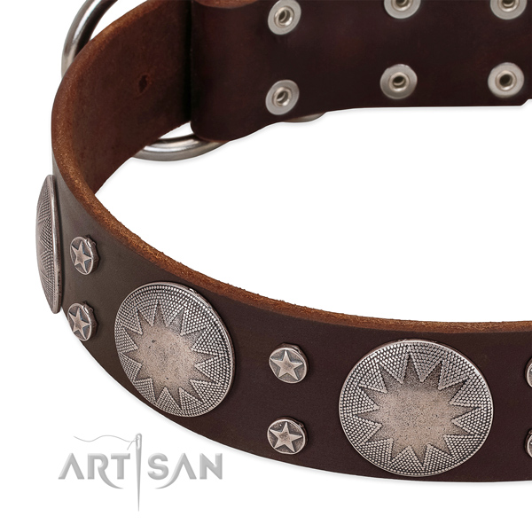 Quality genuine leather dog collar with corrosion proof D-ring