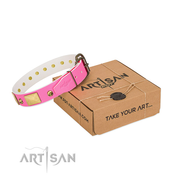 Top rate full grain natural leather collar with corrosion resistant decorations for your pet