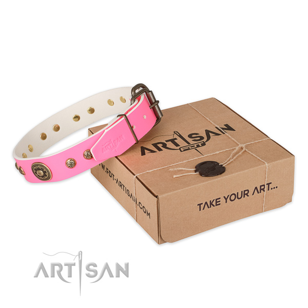 Rust-proof fittings on genuine leather dog collar for fancy walking