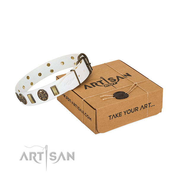 Strong D-ring on full grain natural leather dog collar for easy wearing