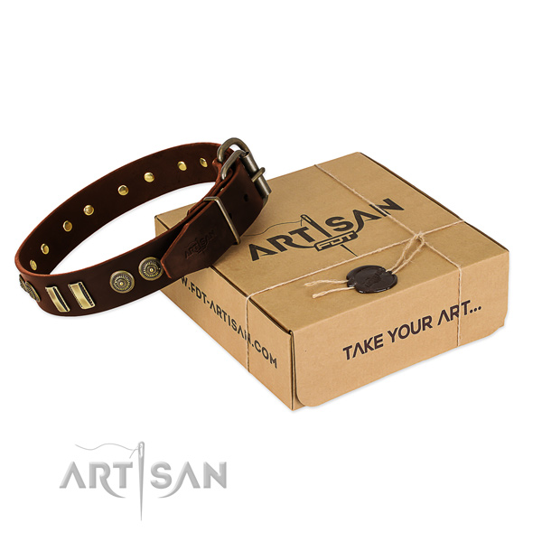 Strong D-ring on leather dog collar for your four-legged friend