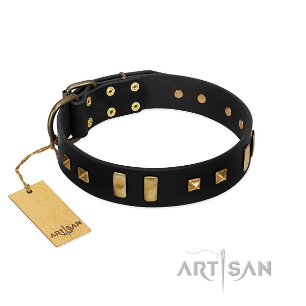 Soft natural leather dog collar with adornments for daily walking