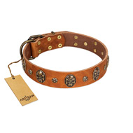 "Rockstar" FDT Artisan Tan Leather English Pointer Collar with Engraved Studs and Medallions