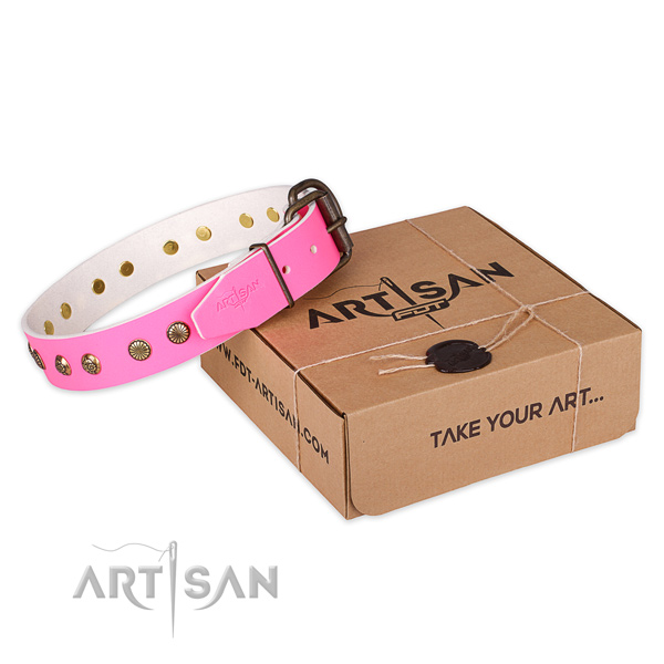 Rust resistant D-ring on natural genuine leather collar for your lovely pet