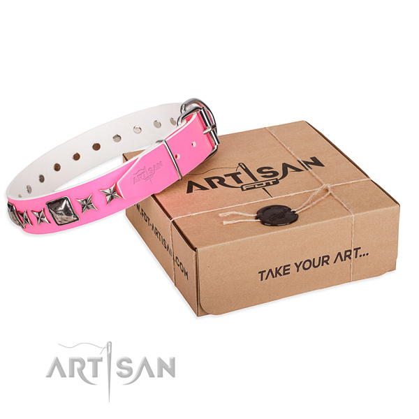 Comfortable wearing full grain natural leather dog collar with embellishments