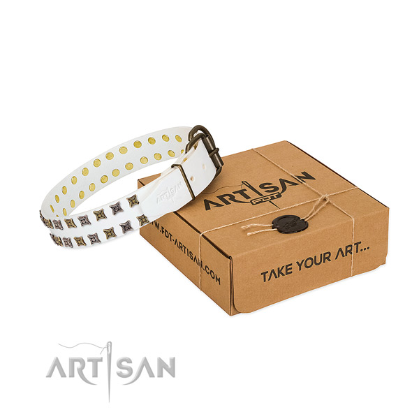 Full grain genuine leather collar with trendy decorations for your pet