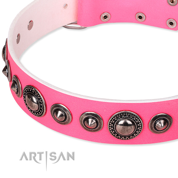 Comfy wearing adorned dog collar of high quality full grain genuine leather