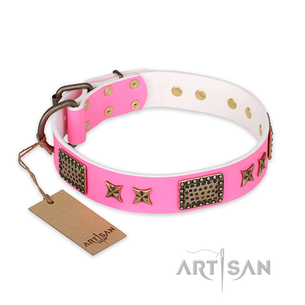 Easy adjustable full grain natural leather dog collar with corrosion proof D-ring