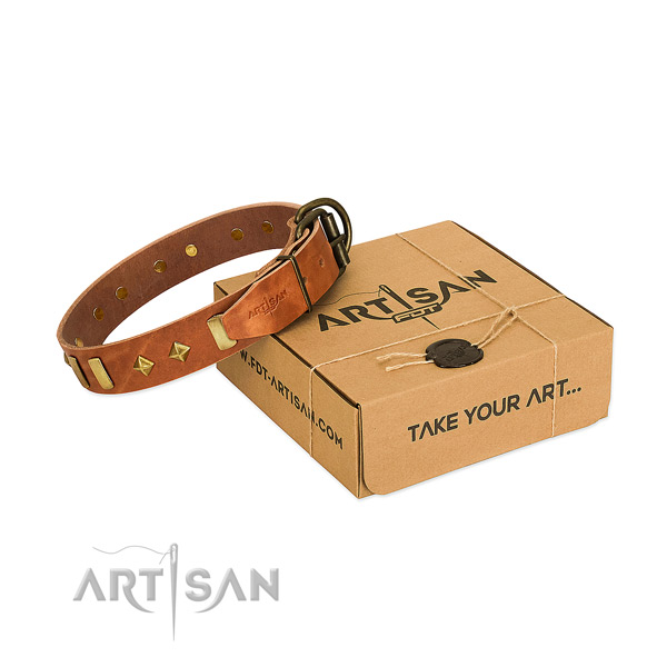 Reliable full grain natural leather dog collar with reliable buckle