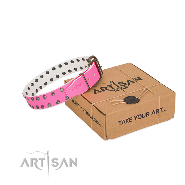 High quality natural leather dog collar with adornments for your beautiful pet