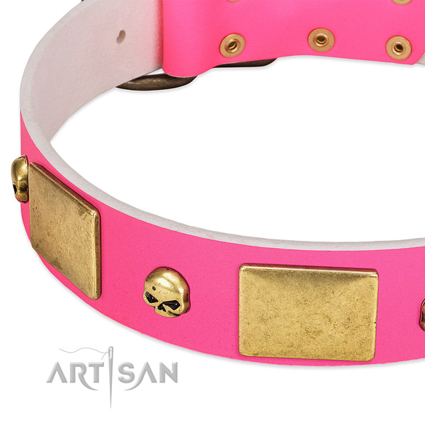 Strong full grain natural leather collar with rust resistant decorations for your dog