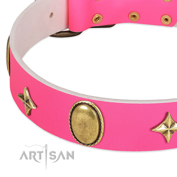 Strong full grain genuine leather collar with top notch adornments for your dog