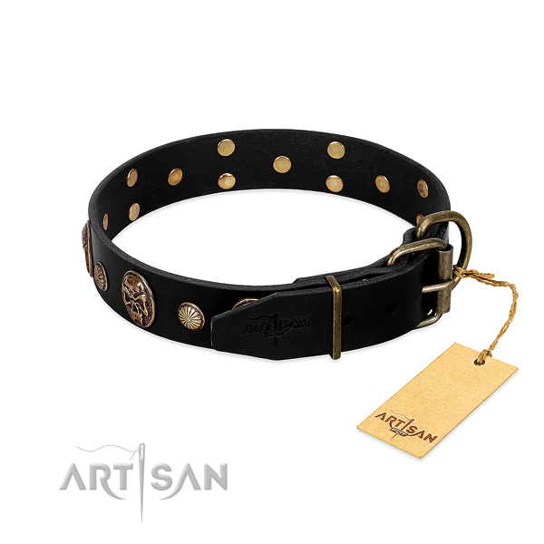 Corrosion resistant fittings on full grain genuine leather collar for walking your doggie