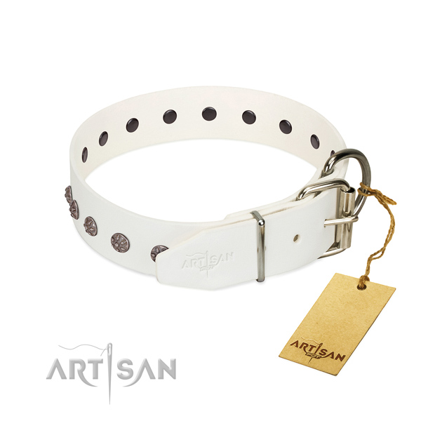 Reliable full grain genuine leather dog collar with embellishments for your doggie