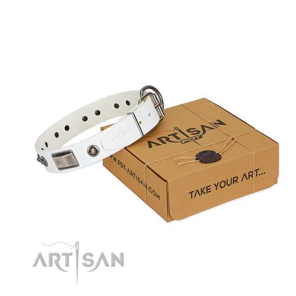 Flexible full grain natural leather dog collar with decorations