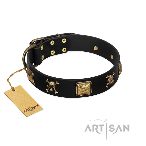 Flexible full grain natural leather dog collar with stunning decorations