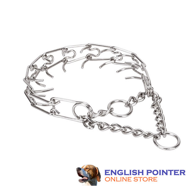 Prong collar of corrosion resistant stainless steel for ill behaved dogs