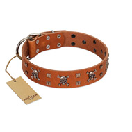 "Rebellious Nature" FDT Artisan Tan Leather English Pointer Collar Embellished with Crossbones and Square Studs