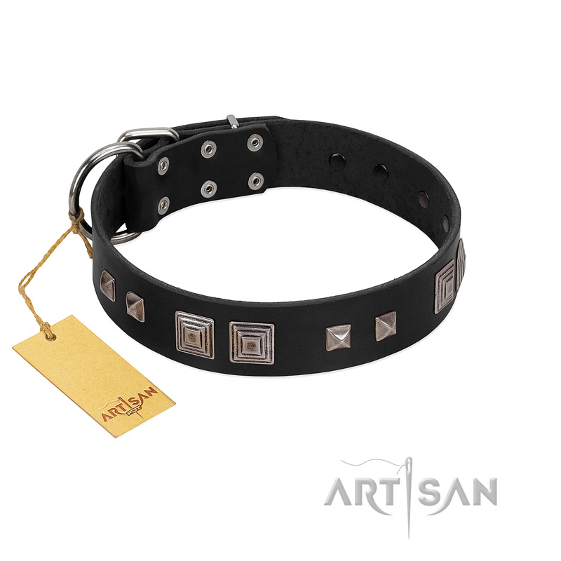 "Foregone Riches" FDT Artisan Black Leather English Pointer Collar with Old Silver-like Square Studs and Pyramids