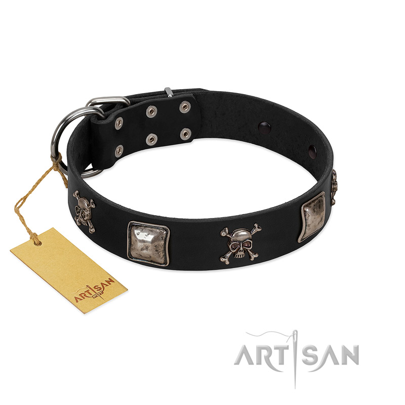 "Sea Rover" Embellished FDT Artisan Black Leather English Pointer Collar with Chrome Plated Crossbones and Plates