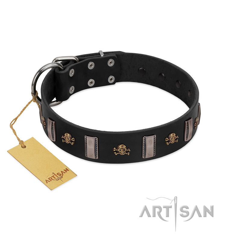 "Pirates' Symbol" Fashionable FDT Artisan Black Leather English Pointer Collar with Silver-Like Plates and Gold-Like Skulls