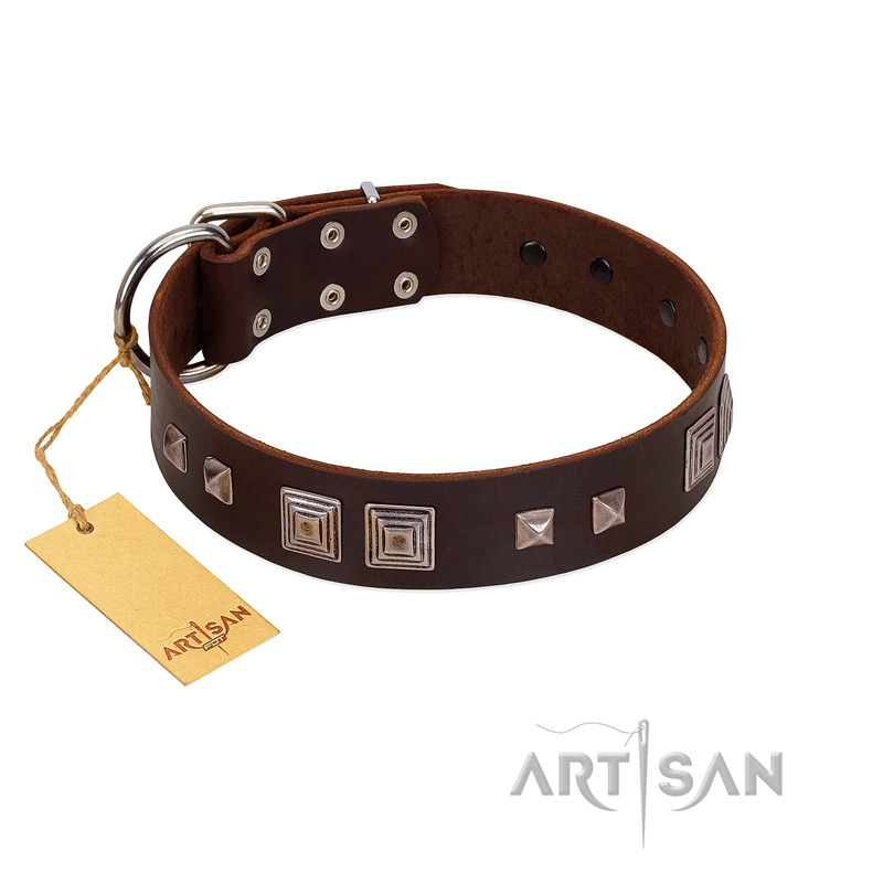 "Object of Virtu" FDT Artisan Brown Leather English Pointer Collar with Old Silver-like Square Studs and Pyramids