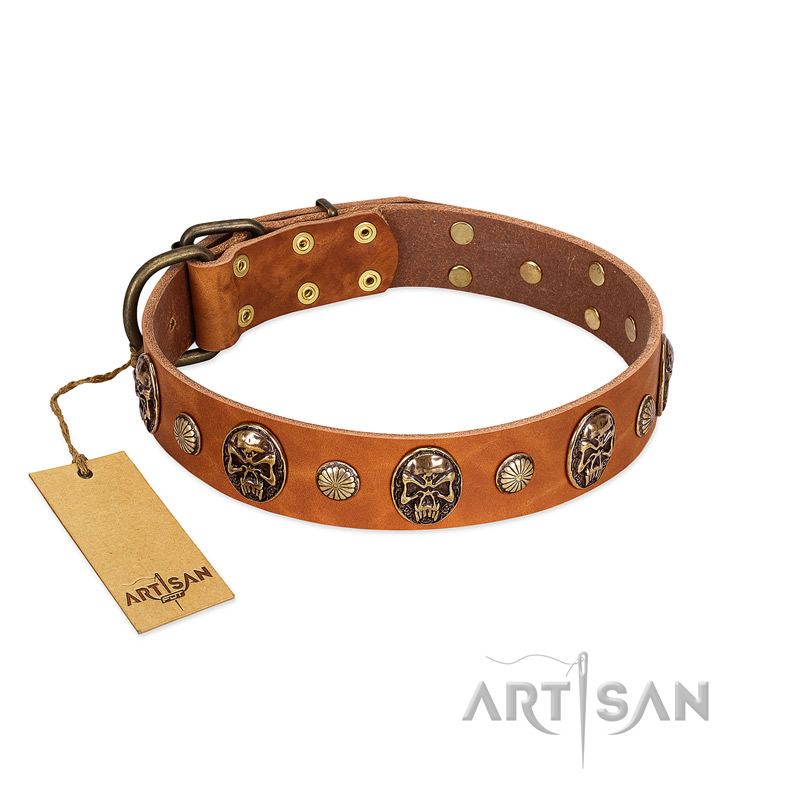 "Call of Feat" FDT Artisan Tan Leather English Pointer Collar with Old Bronze-like Studs and Oval Brooches