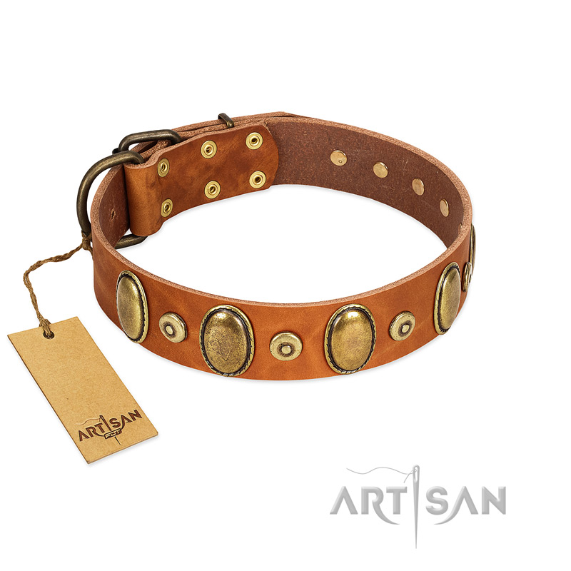 "Crystal Sand" FDT Artisan Tan Leather English Pointer Collar with Vintage Looking Oval and Round Studs