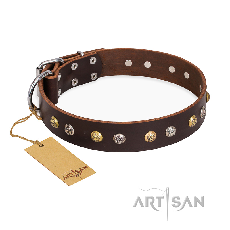 "Rare Flower" FDT Artisan Brown Leather English Pointer Collar Adorned with Old-look Hemisphere Studs