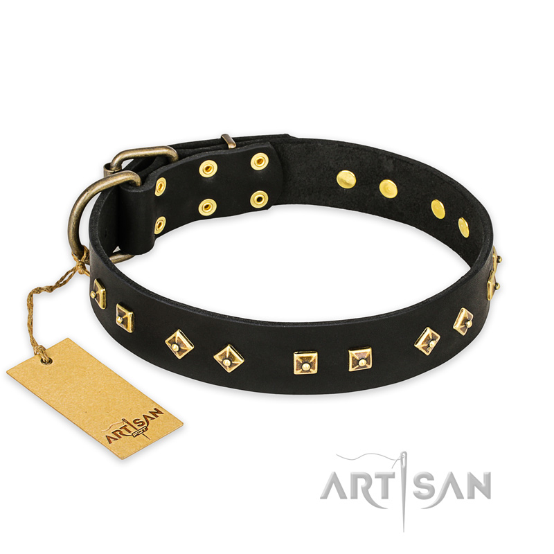 "Rhomb Style" FDT Artisan Decorated Leather English Pointer Collar with Old Bronze-Plated Studs 1 1/2 inch (40 mm) Wide