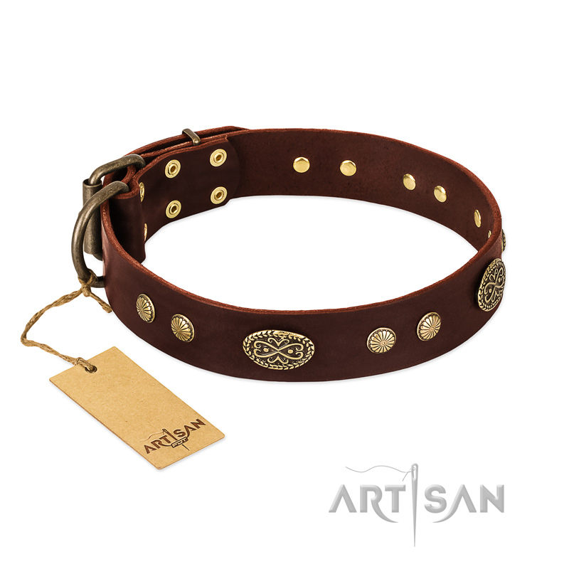 "Old-fashioned Glamor" FDT Artisan Brown Leather English Pointer Collar with Old Bronze Look Plates and Circles