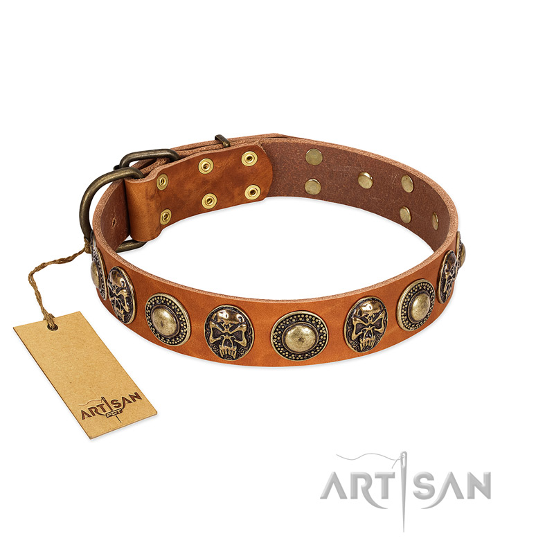 "Golden Epoch" FDT Artisan Tan Leather English Pointer Collar with Old Bronze-plated Medallions and Conchos