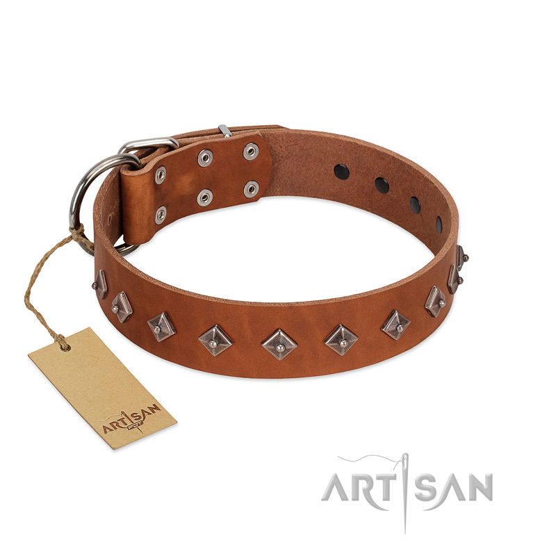 "Broadway" Handmade FDT Artisan Tan Leather English Pointer Collar with Dotted Pyramids