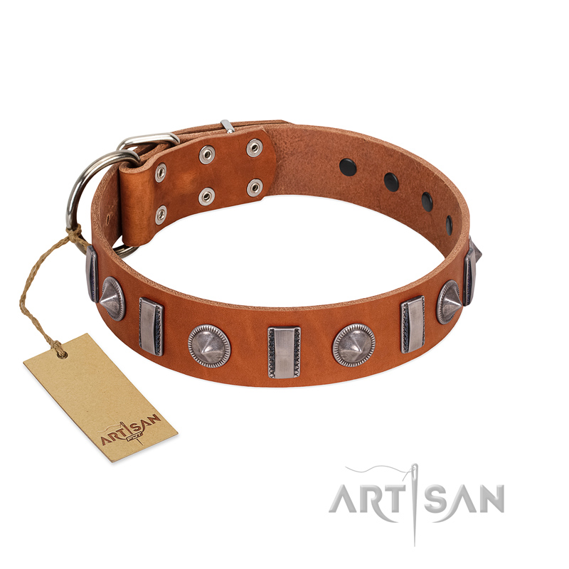 "Luxurious Necklace" FDT Artisan Tan Leather English Pointer Collar with Silver-Like Adornments