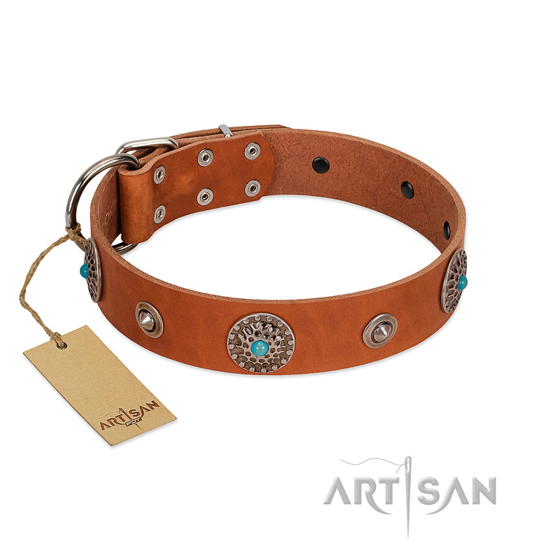 "Marine Antiques" Handmade FDT Artisan Tan Leather English Pointer Collar with Blue Stones
